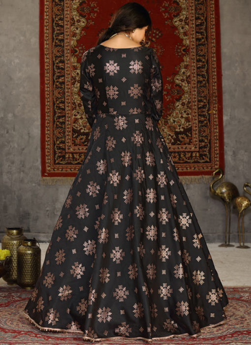 Designer Black Taffeta Silk Foil Print Party Wear Gown