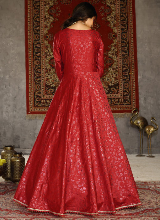Red Party Wear Designer Taffeta Silk Foil Print Gown