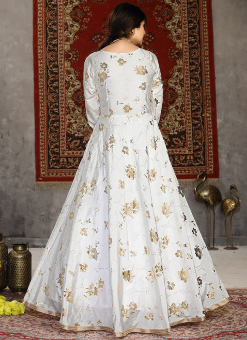 White Designer Taffeta Silk Foil Print Party Wear Gown