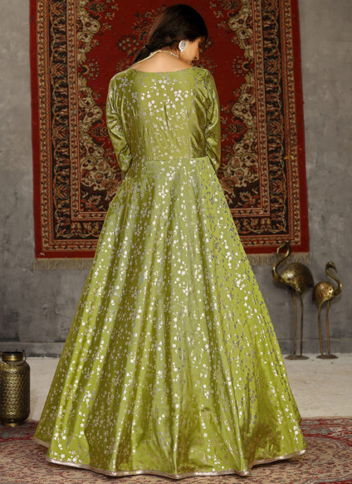 Green Taffeta Silk Party Wear Foil Print Designer Gown