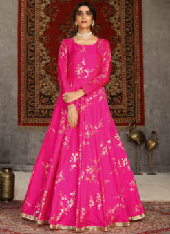 Pink Designer Foil Print Taffeta Silk Party Wear Gown