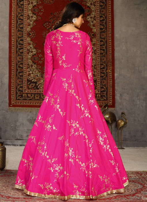 Pink Designer Foil Print Taffeta Silk Party Wear Gown