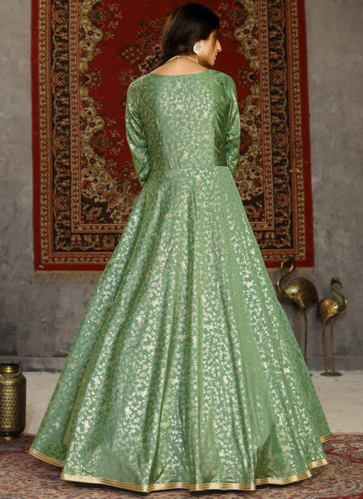 Pista Green Party Wear Foil Print Designer Taffeta Silk Gown