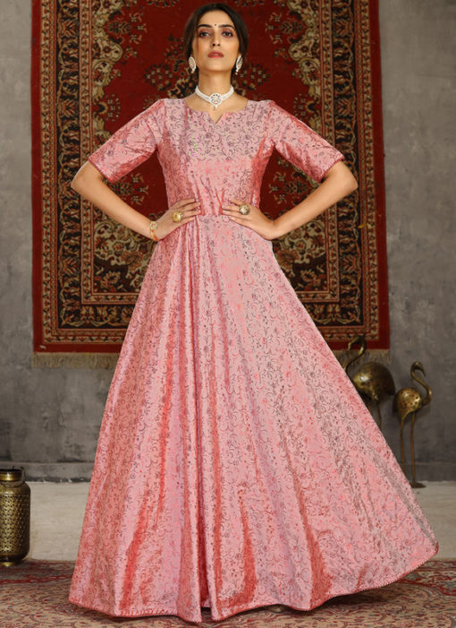 Party Wear Taffeta Silk Foil Print Designer Pink Gown