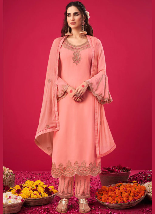 Peach Georgette Embroidered Work Party Wear Salwar Suit