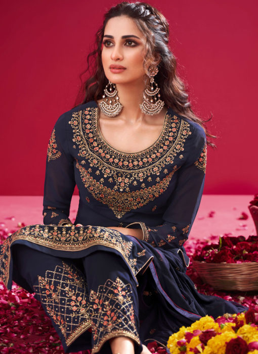 Navy Blue Georgette Embroidered Work Party Wear Salwar Suit