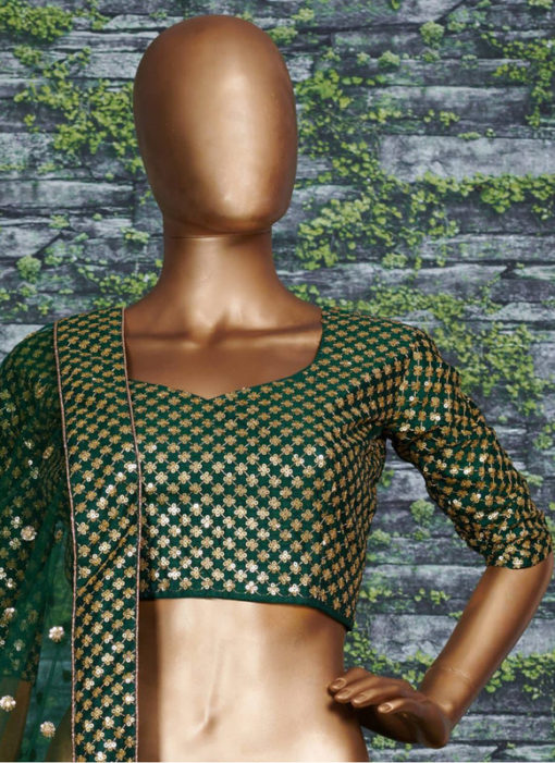 Dark Green Raw Silk Zari And Glitter Sequence Designer Lehenga Choli