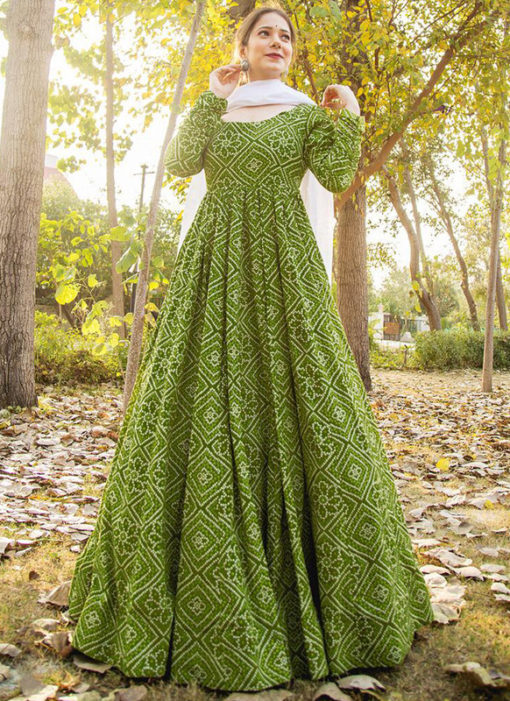 Green Rayon Cotton Bandhej Style With Dupatta Designer Flaired Gown