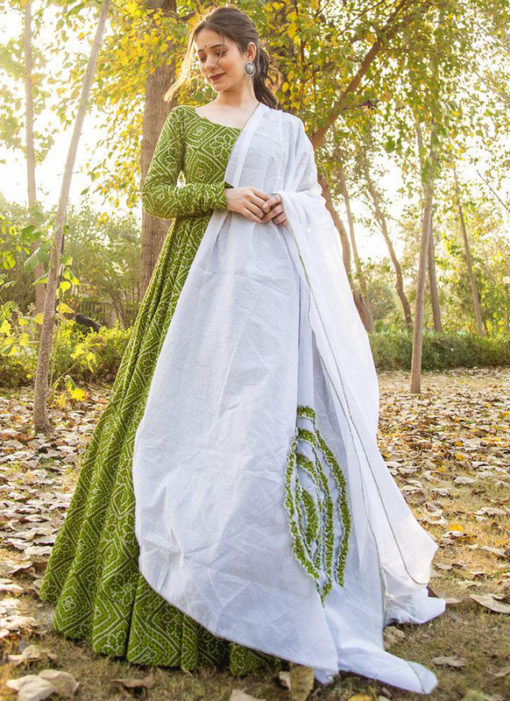 Green Rayon Cotton Bandhej Style With Dupatta Designer Flaired Gown