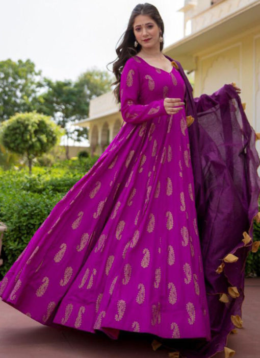 Lavender Rayon Cotton Bandhej Style With Dupatta Designer Flaired Gown