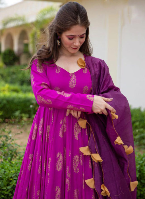 Lavender Rayon Cotton Bandhej Style With Dupatta Designer Flaired Gown