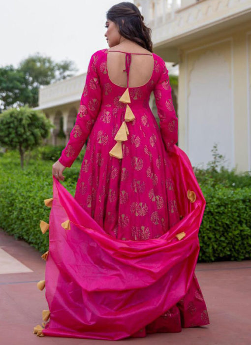 Rani Cotton Bandhej Style With Dupatta Designer Flaired Gown