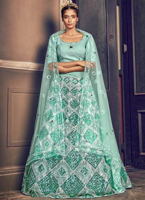 Turquoise Blue Net Designer Sequince Embroidered Work Lehenga Choli