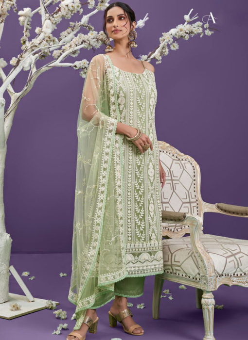 Pista Green Designer Net Lucknowi Work Salwar Suit