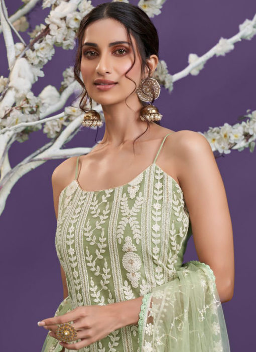 Pista Green Designer Net Lucknowi Work Salwar Suit