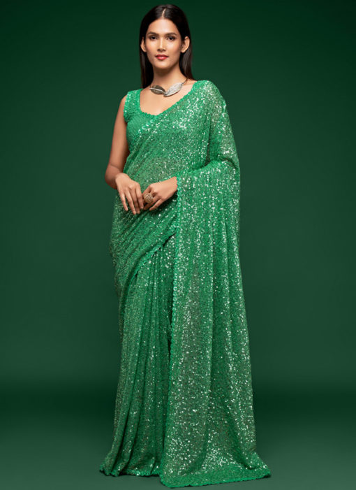 Pista Green Georgette Sequence Embroidery Work Party Wear Saree