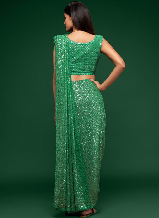Pista Green Georgette Sequence Embroidery Work Party Wear Saree