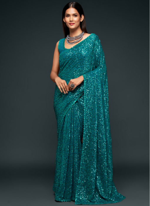 Teal Blue Georgette Sequence Embroidery Work Party Wear Saree