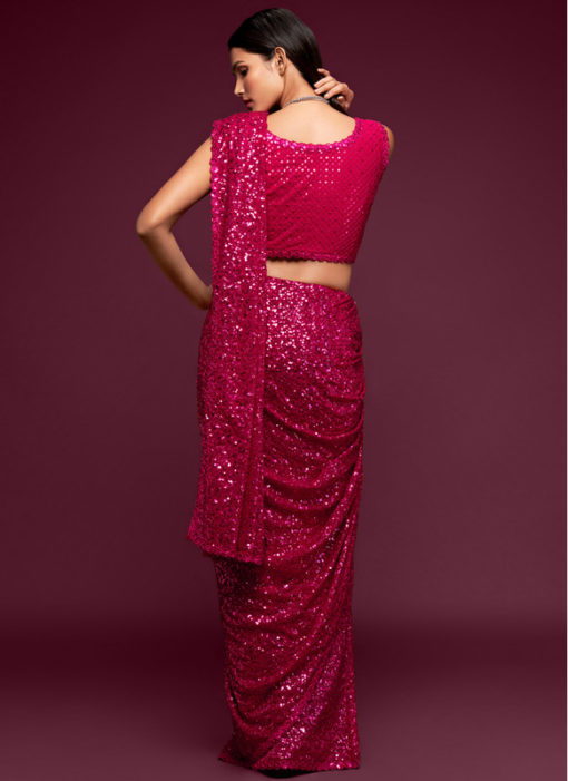 Pink Georgette Sequence Embroidery Work Party Wear Saree