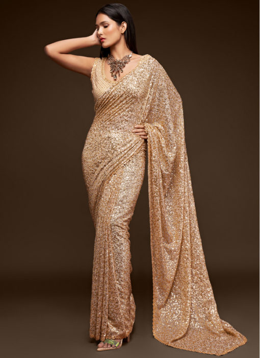 Cream Georgette Sequence Embroidery Work Party Wear Saree