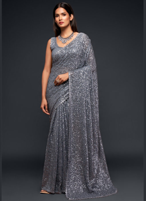 Grey Georgette Sequence Embroidery Work Party Wear Saree
