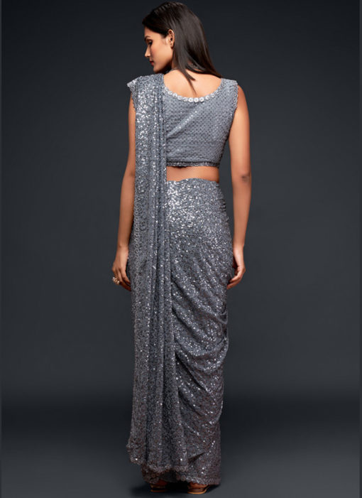 Grey Georgette Sequence Embroidery Work Party Wear Saree