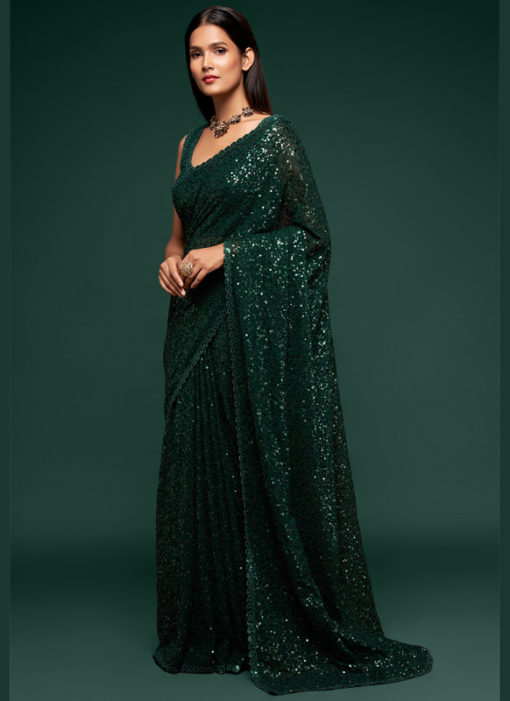 Green Georgette Sequence Embroidery Work Party Wear Saree
