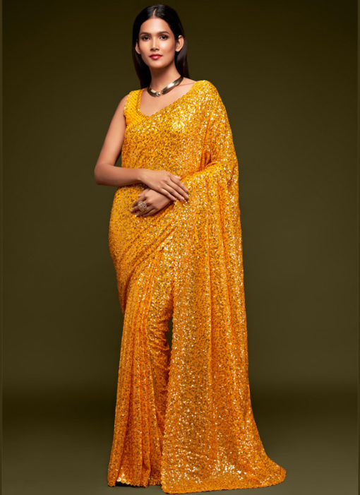 Yellow Georgette Sequence Embroidery Work Party Wear Saree