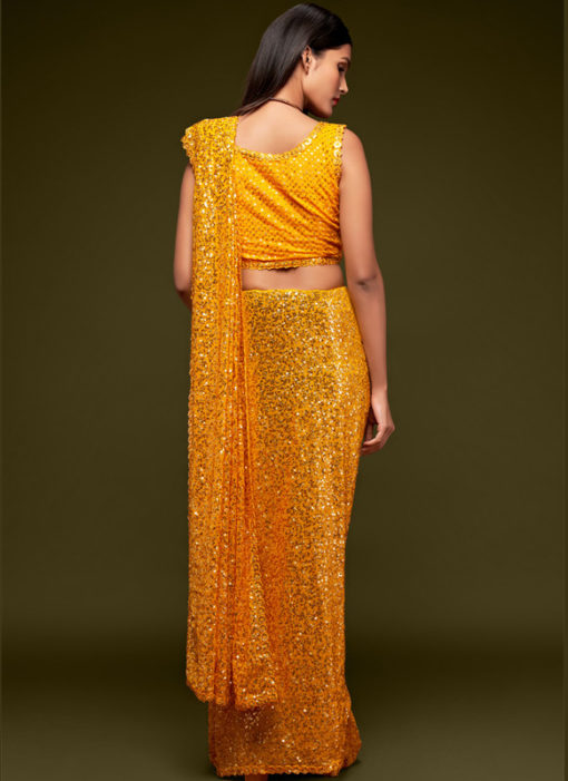 Yellow Georgette Sequence Embroidery Work Party Wear Saree