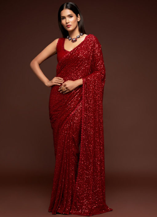 Red Georgette Sequence Embroidery Work Party Wear Saree