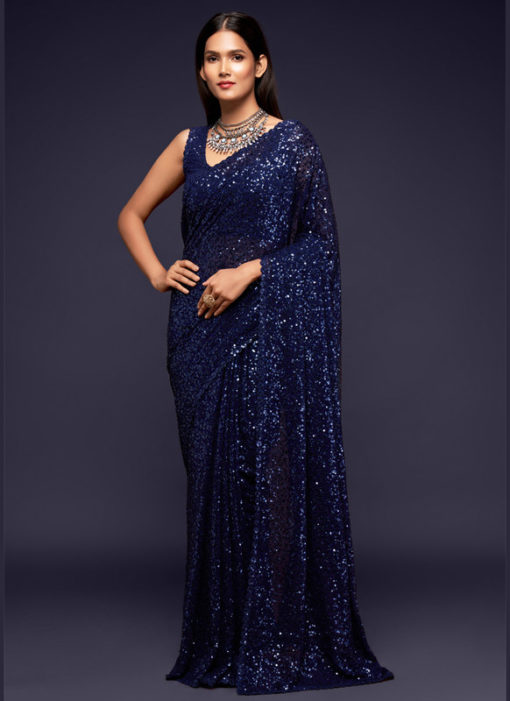 Blue Georgette Sequence Embroidery Work Party Wear Saree