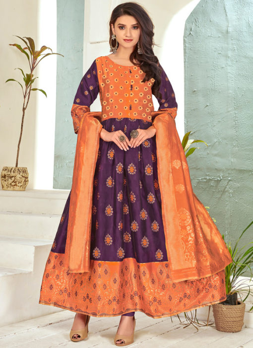 Purple Banarasi Silk Foil Print Party Wear Salwar Suit