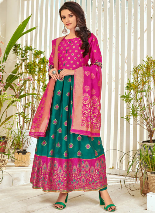 Sea Green Banarasi Silk Party Wear Foil Print Salwar Suit