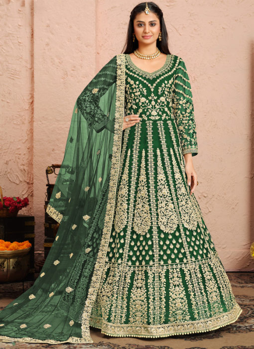 Designer Embroidered Work Green Net Anarkali Suit