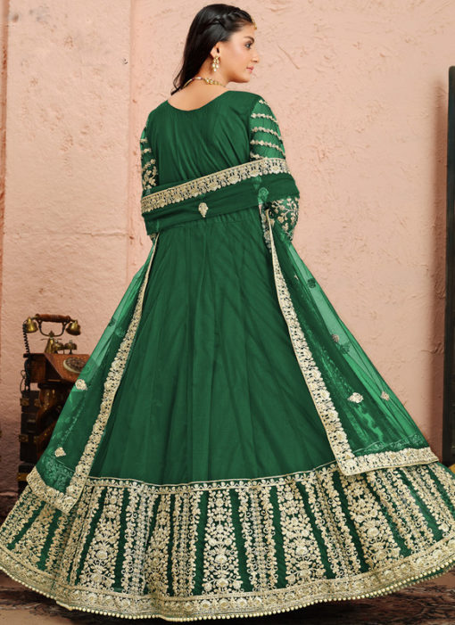 Designer Embroidered Work Green Net Anarkali Suit