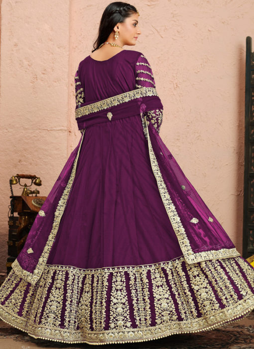 Purple Designer Embroidered Work Net Anarkalis Suit