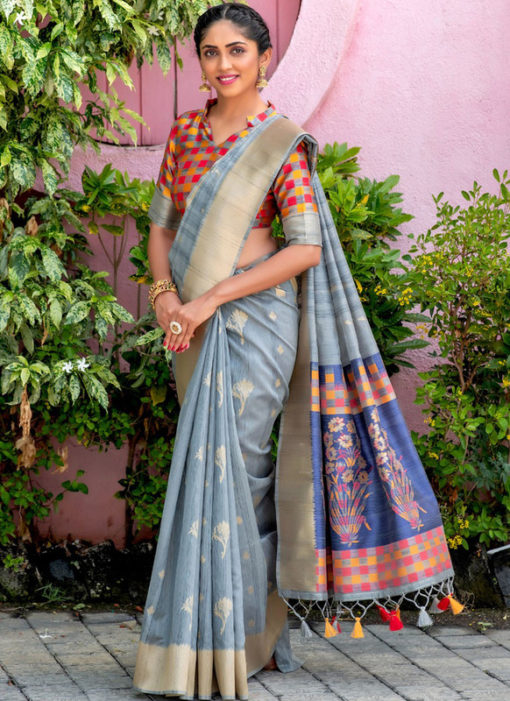 Grey Silk Thread Weaving Designer Saree