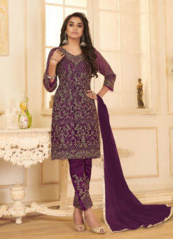 Purple Designer Embroidered Work Party Wear Net Salwar Kameez