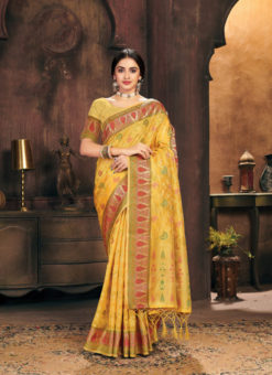 Yellow Organza Thread Weaving Designer Saree