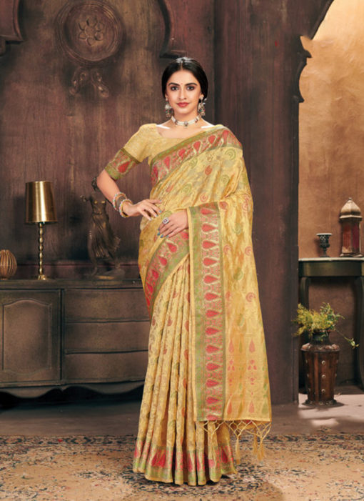 Golden Organza Thread Weaving Designer Saree