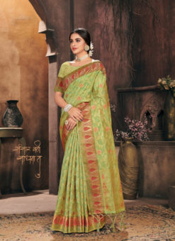 Green Organza Thread Weaving Designer Saree
