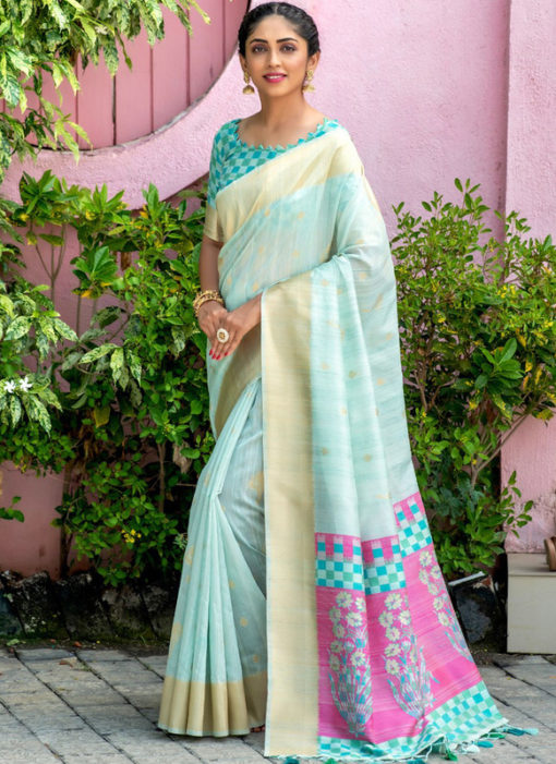 Sky Blue Silk Thread Weaving Designer Saree