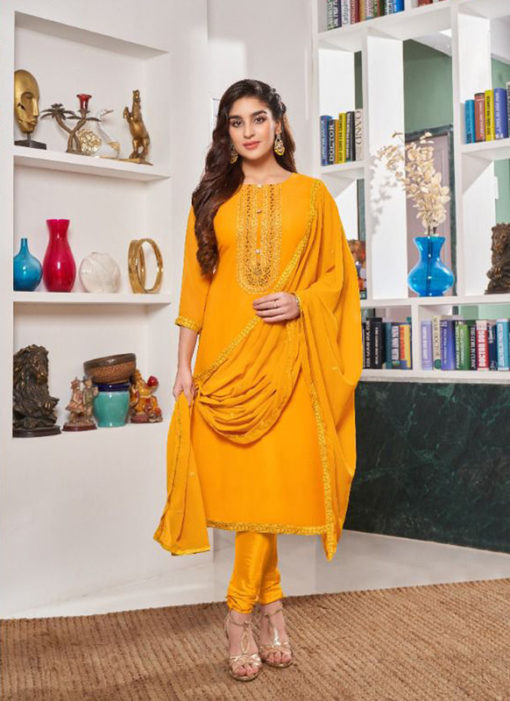 Heavy Georgette With Embroidery Work Yellow Salwar Kameez