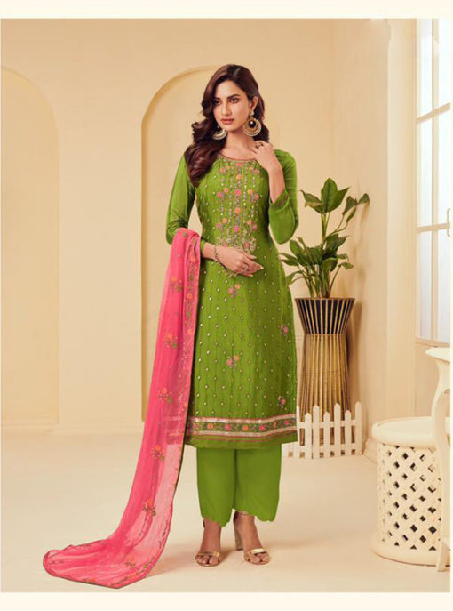 Emerald Green Georgette Embroidered Work Churidar Suit