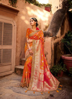 Orange Pure Silk Embroidered Border Designer Saree