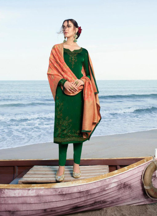 Green Satin Georgette Swarovski Diamond Work Designer Salwar Suit