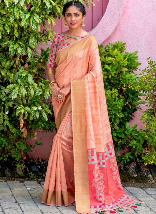 Peach Silk Thread Weaving Designer Saree