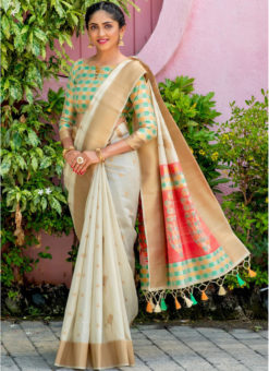 White Silk Thread Weaving Designer Saree