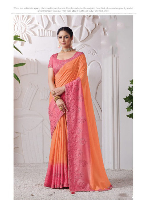 Orange And Pink Viscose Silk Embroidered Work Designer Saree