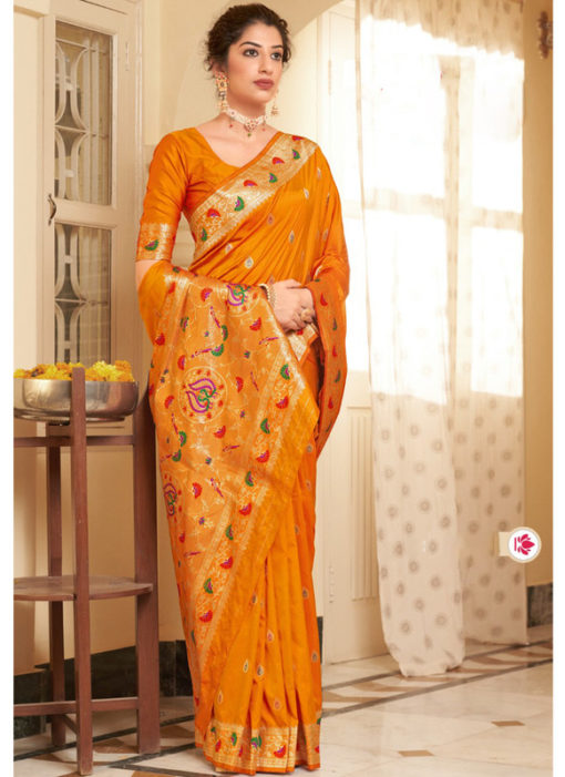 Mustard Banarasi Silk Bridal Wear Thread Weaving Saree